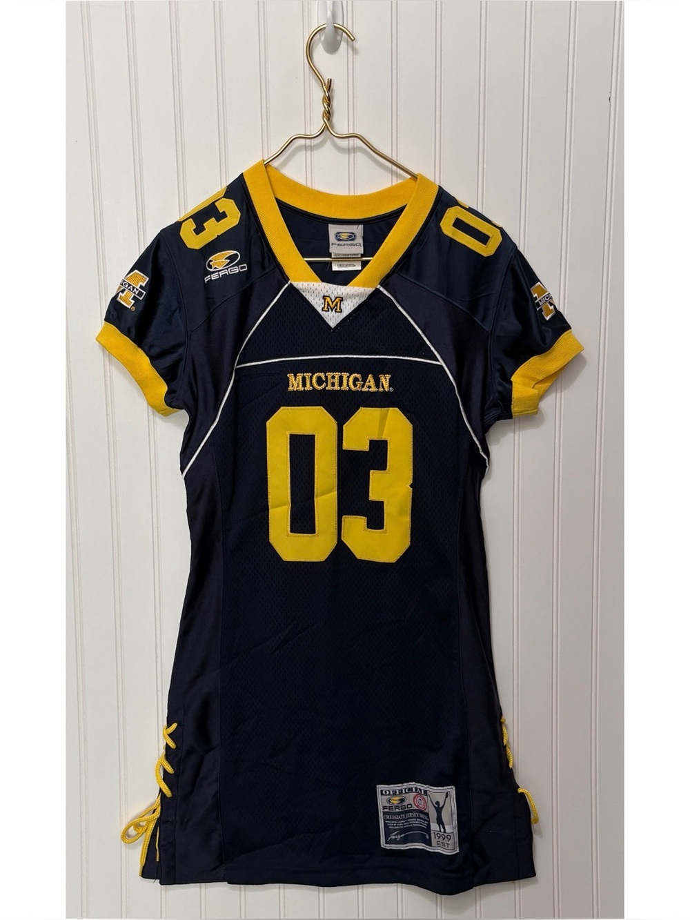 MICHIGAN WOLVERINES Fergo Blue #3 Football Jersey Tie Dress Womens Size Large